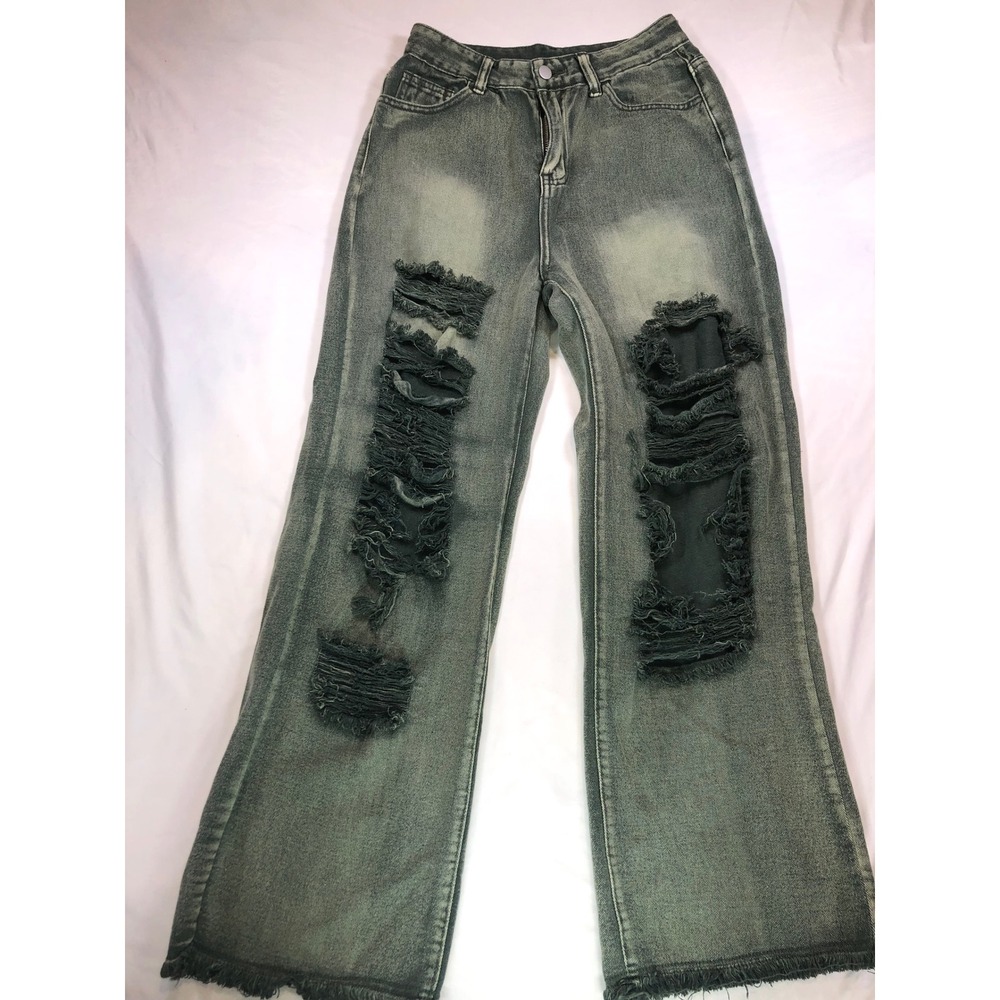 Romwe‎ Womens Distressed Acid Wash Green Jeans High Rise Ripped Straight Leg M 6